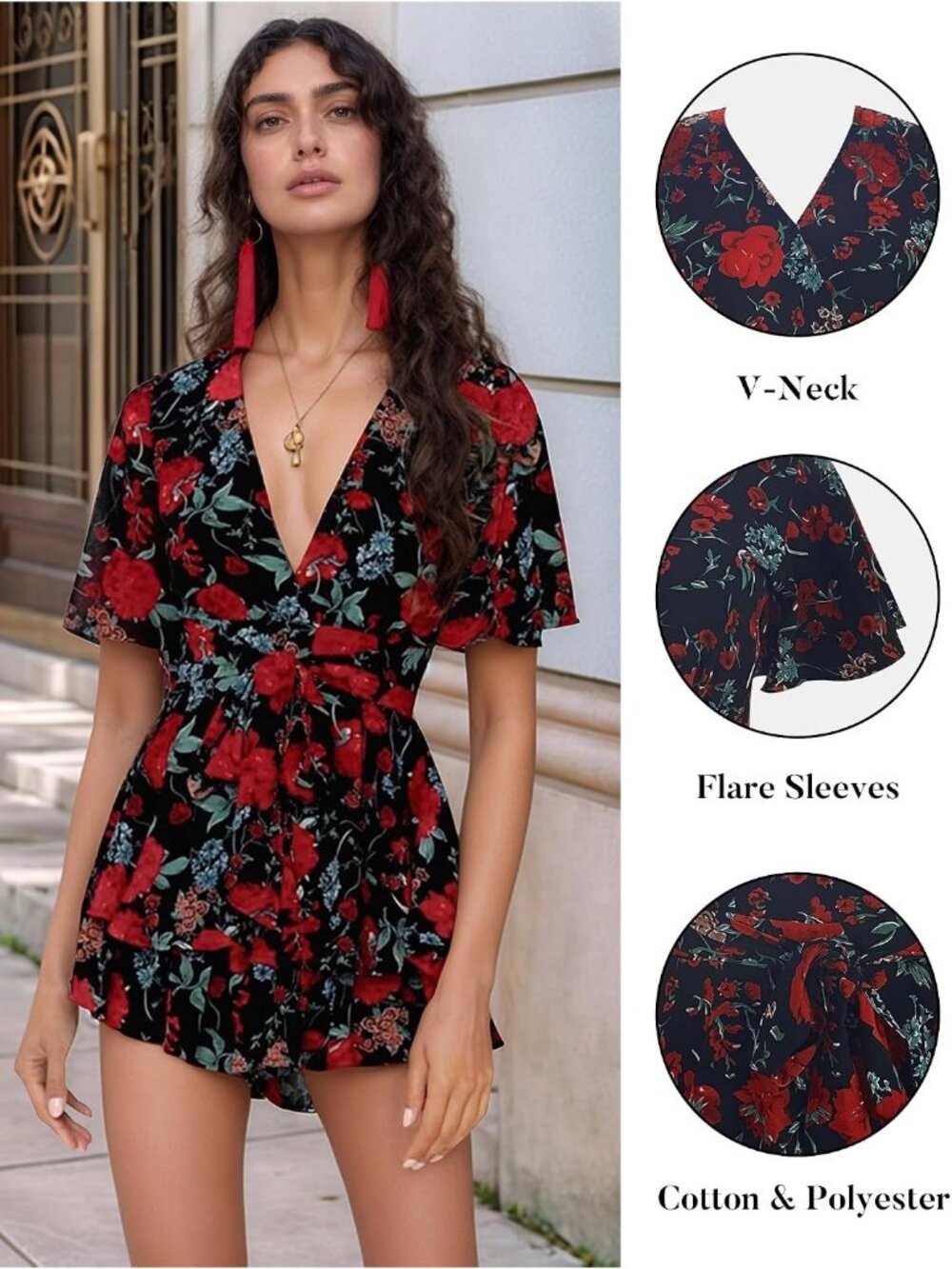 Women's Red Black Floral Floral Print Deep V Neck Double Layer Ruffle Hem Romper - Picture 3 of 4